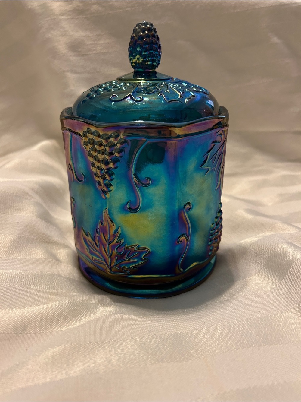 Vintage Indiana Glass, Blue Carnival Biscuit Jar With Lid, Harvest Grape Pattern